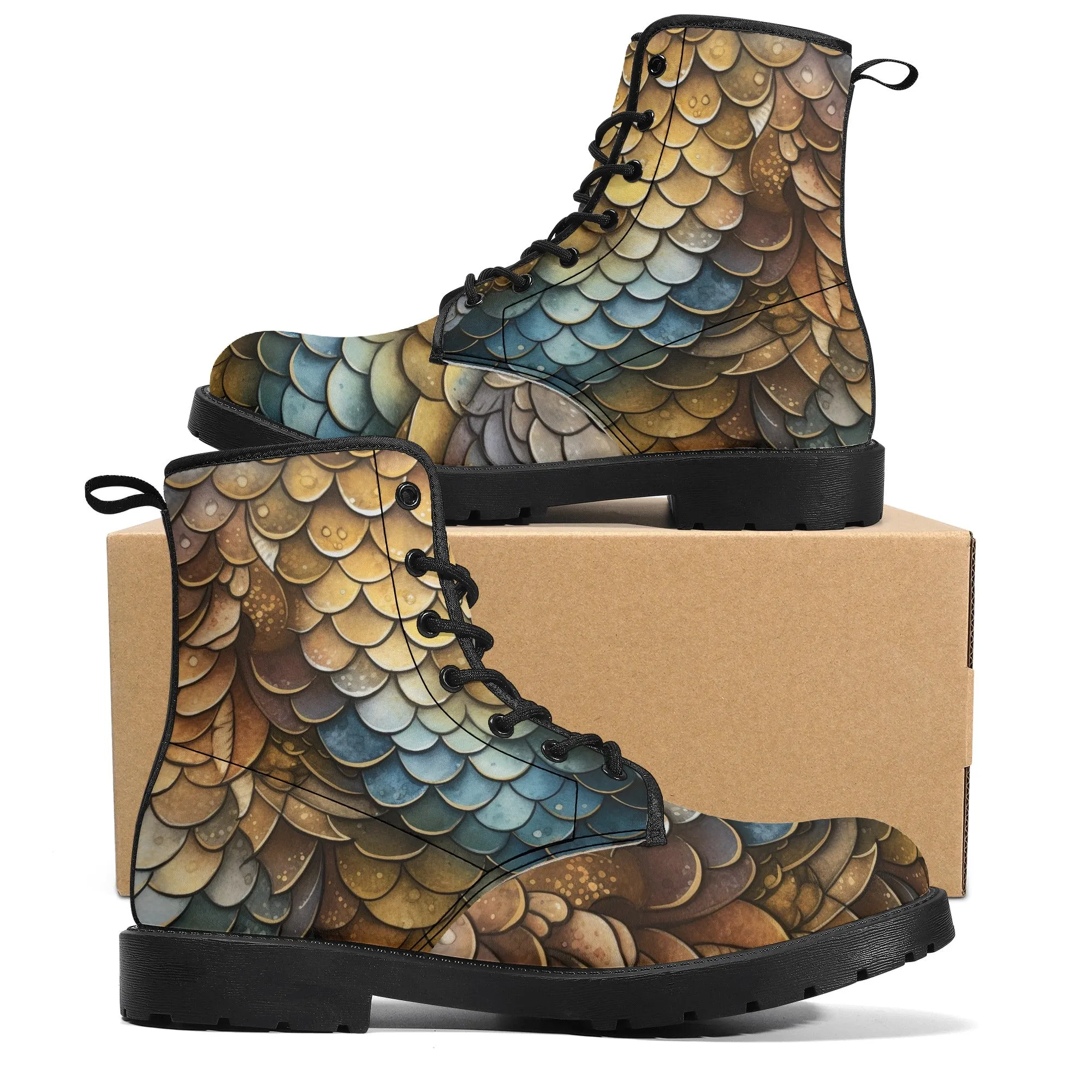 Brown Dragon Scales Black Mens Vegan Boots